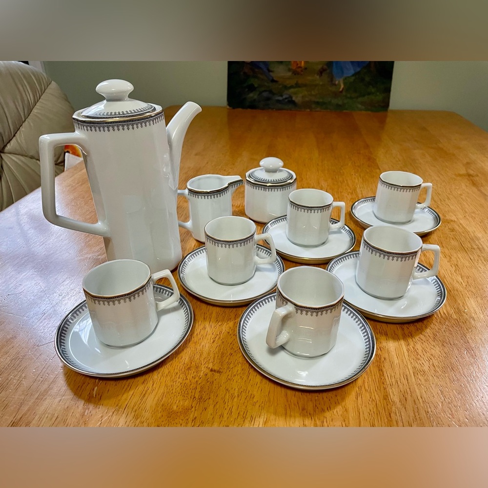 NEW Demitasse 6 serving Set. Teapot, cream and sugar, 6 cups and saucers